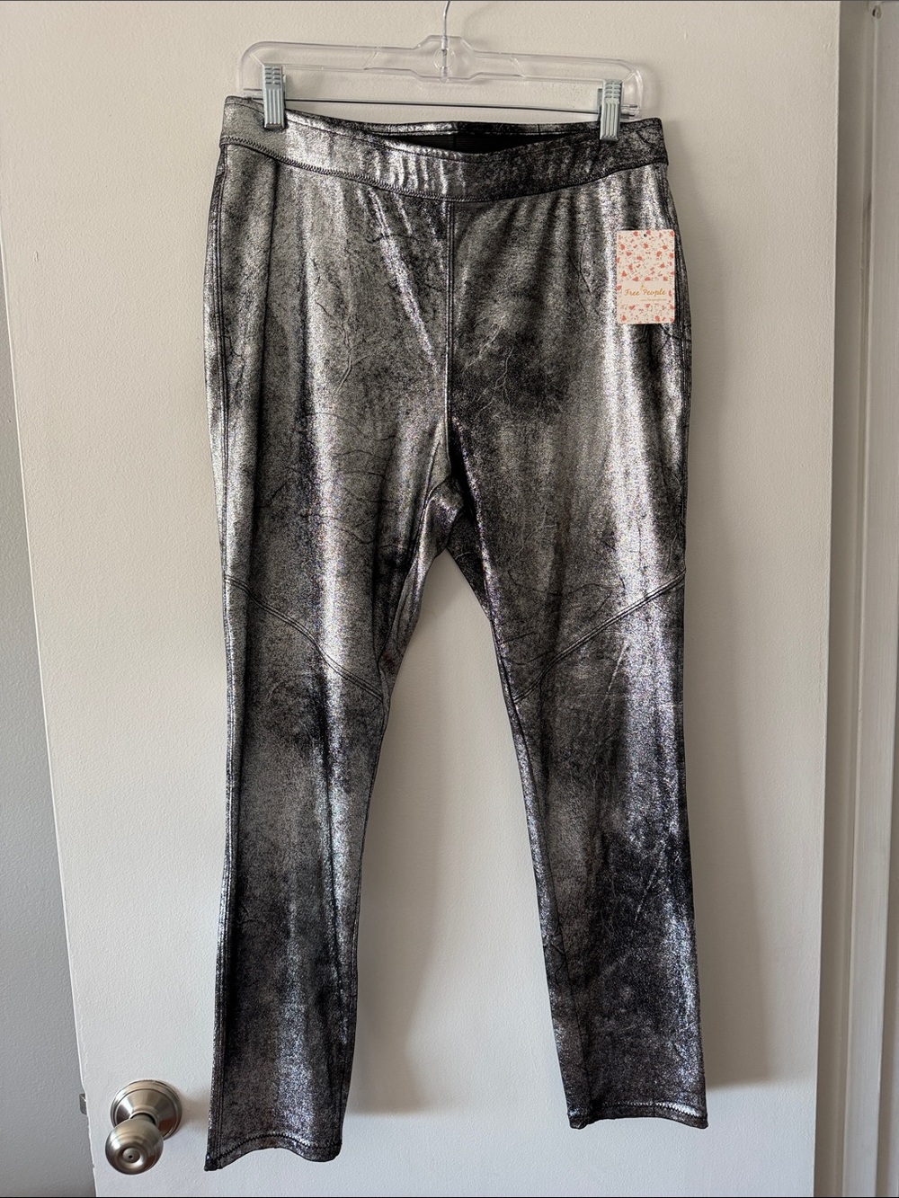 NWT Free People Shark Metallic Leggings Pants Silver Black Size 30